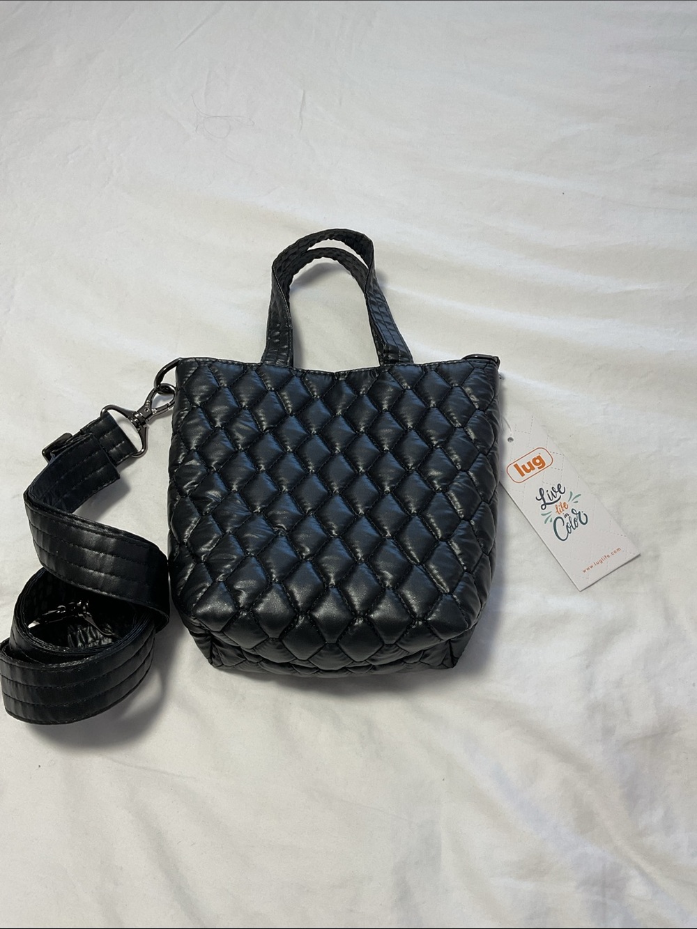 Lug Tiptoe Tote Metallic Black Quilted Crossbody Bag NWT - Picture 3 of 4